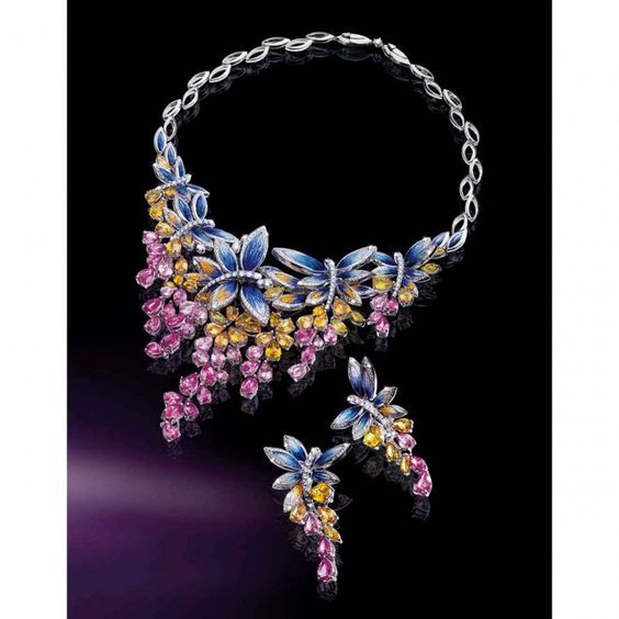 Necklace and earrings in white Gold 18 ct, diamonds, Sapphires and micromosaic by SICIS