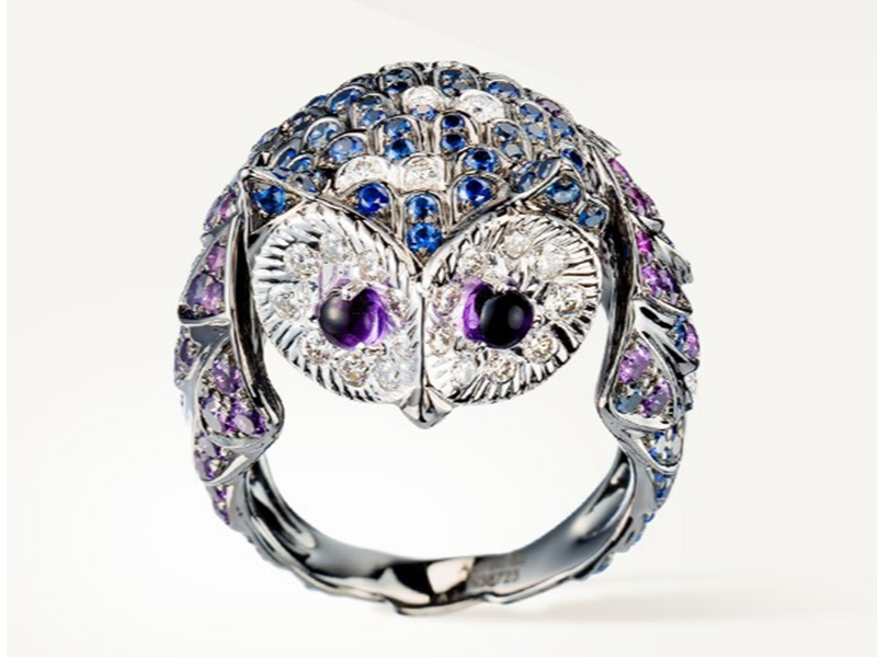 2- Boucheron Noctua Ring "La Chouette" paved with brilliant cut purple amethysts, blue sapphires and diamonds.