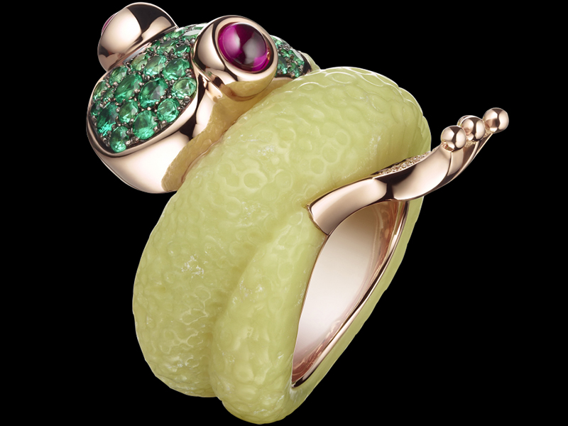 8- De Grisogono The mascote ring mounted on pink gold with emeralds, rubies and green alabastrite.