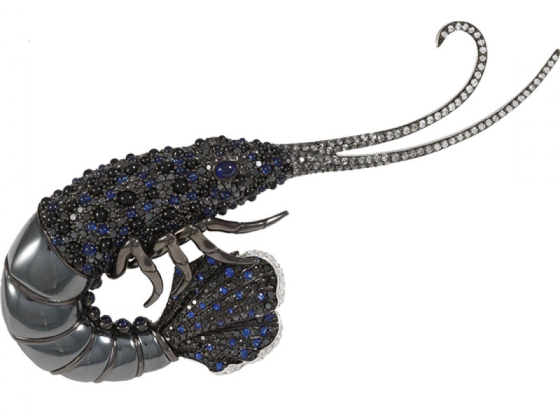 6- Stephen Webster The langoustine brooch mounted on 18 carat white gold is composed of hematite, onyx, black and blue sapphires along with white diamonds. ~ 40'000 Euros.
