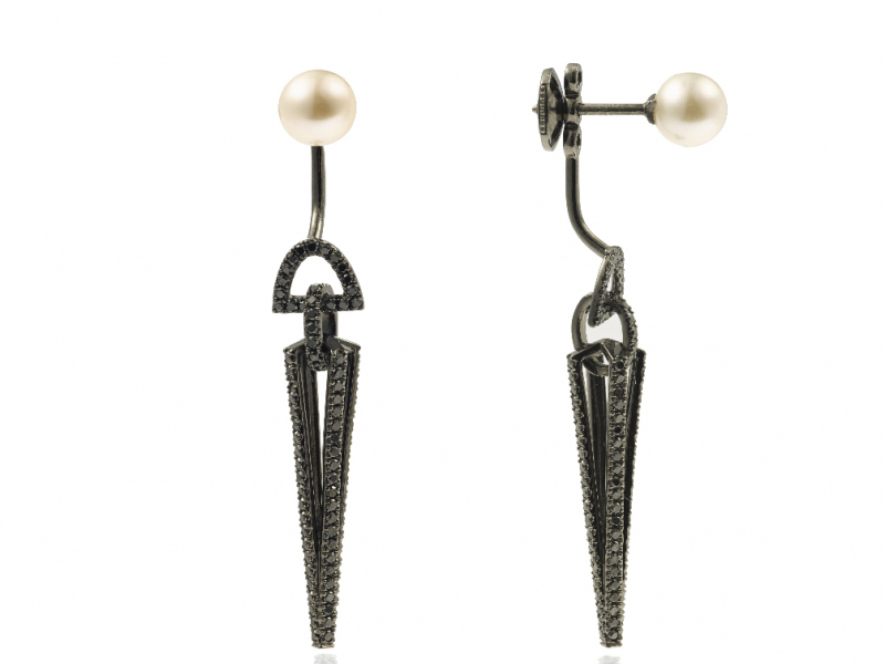 Elise Dray Stalactite Earring set with white pearls and black diamonds