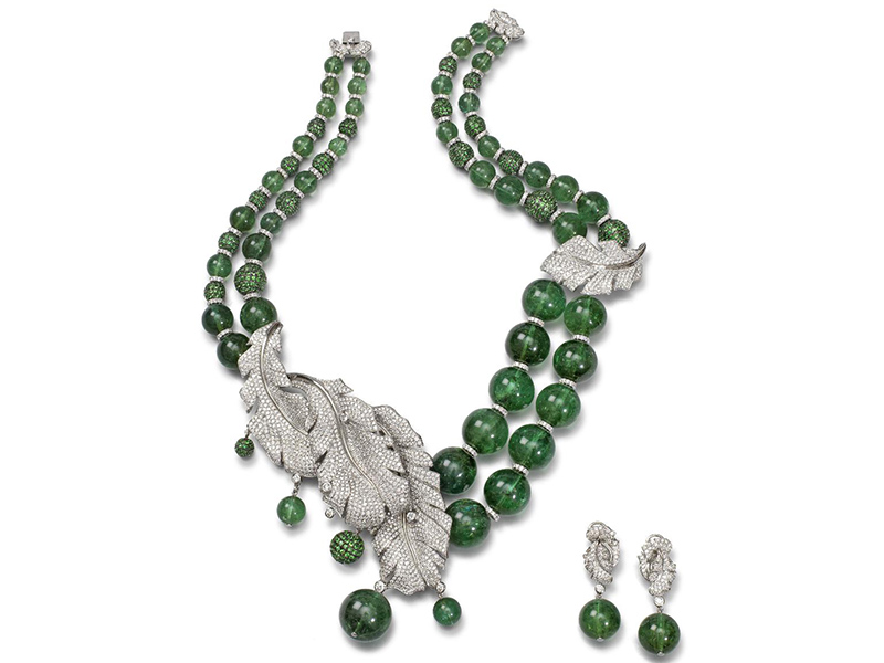 Fei Liu Green Tourmaline Beaded Necklace, large green tourmaline beaded necklace with diamond feathers / Images