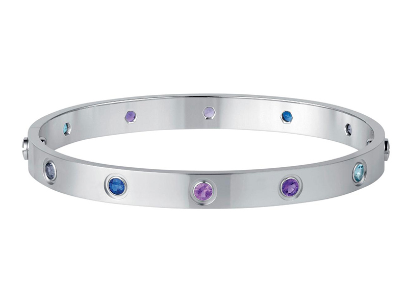 Love bracelet mounted on white gold with aquamarines, sapphires, spinels and amethysts