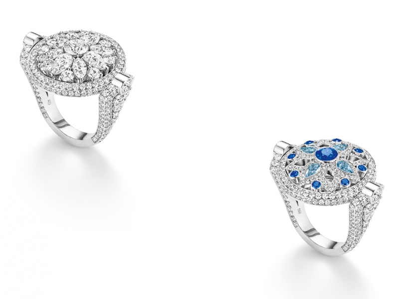 Harry Winston Secret and Wonders Reversible ring - set with diamonds on one side and sapphires, aquamarines and diamonds on the other