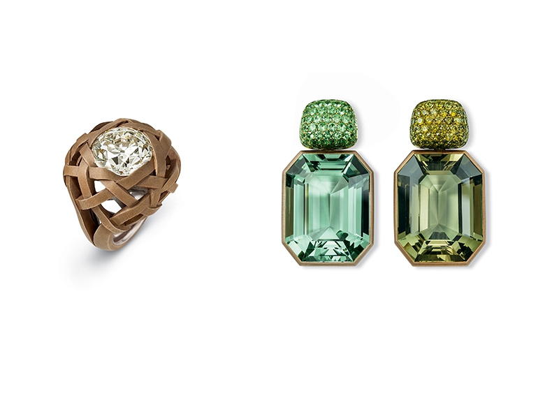 Hemmerle ring, Burma ruby, rubies, copper and white gold and Hemmerle pair of earrings, tsavorites
