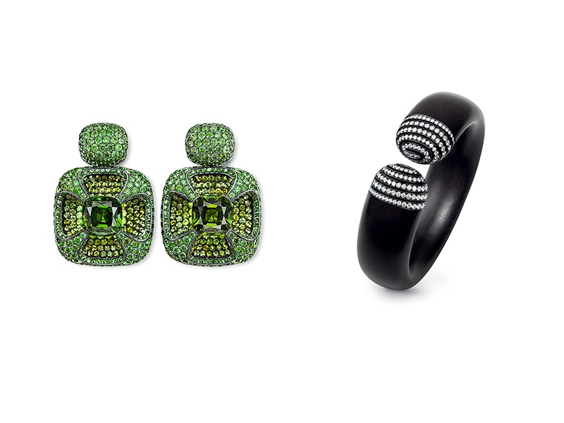 Hemmerle earrings incorporating tourmalines, demantoid garnets, silver and white gold. Photo courtesy of Hemmerle.