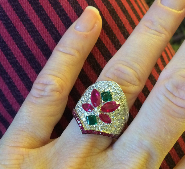 John Rubel Mistinguette Ring - set with diamonds, emeralds and rubies