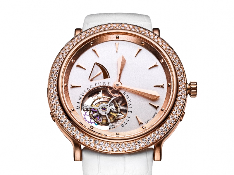 7- Manufacture Royale launched their 1770 feminine tourbillon set with one rank of diamond baguettes and ivory dial.