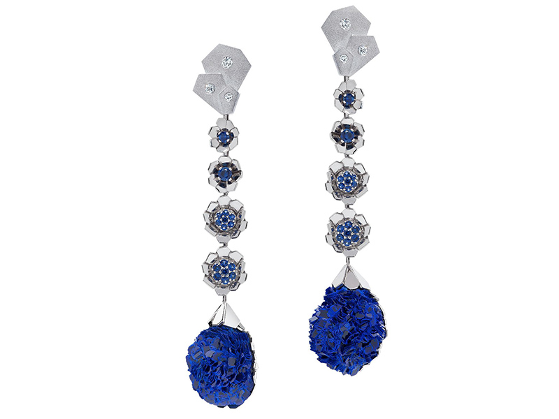 Ornella Iannuzzi Fleur de Cristal earrings - Azurites set in palladium with sapphires (1.41cts) and diamonds (0.25cts).