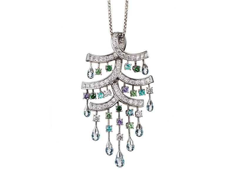 Ritz Fine Jewellery Parasol Pendant with aquamarine briolettes, paraiba tourmalines, diamonds, garnets and spinels set in white gold- £45'000