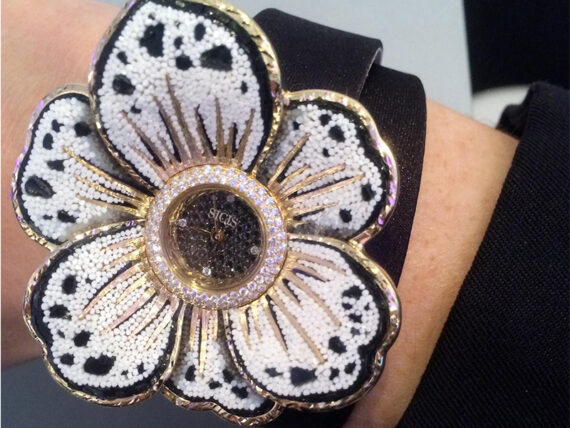 Sicis Gardenia Flower shaped watch with titanium and gold petals with micromosaic tesserae and diamonds