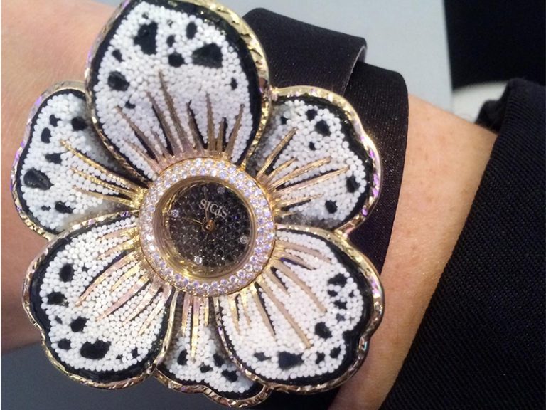 Sicis Gardenia Flower shaped watch with titanium and gold petals with micromosaic tesserae and diamonds