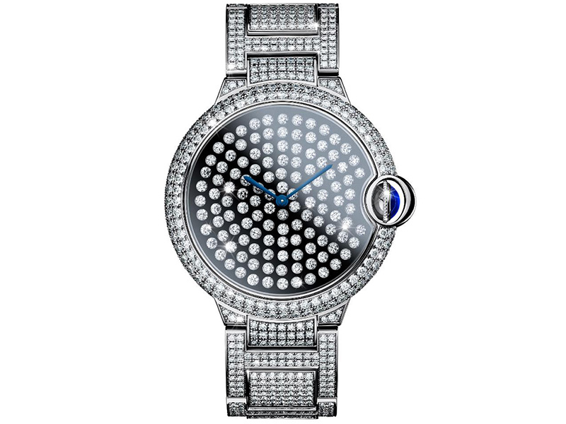 Cartier The developement of the vibrant setting on the existing Ballon Bleu is not only a technical prowess but a stupending result. 123 brilliant cut diamonds mounted on springs on the dial vibrate constantly as if a mini hearthquake was happening on your wrist.