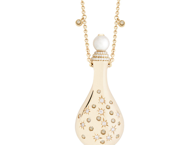 John Rubel AMELIA NECKLACE This flask necklace is made of rose gold, Akoya pearl , white and brown diamonds. It can be opened and used as a perfume bottle. The Amelia necklace is a tribute to a miniature Retro perfume flask done by John Rubel in 1945. This charming and feminine piece can be worn easily, in a casual spirit .