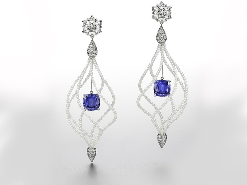 Lady hamilton earrings in white gold and titanium set with: 2 Ceylan Coussin Sapphires 8.08 cts 14 Domed Crown Diamonds 3.60 cts 278 Diamonds 3.32 Seed Pearls 33.68 cts