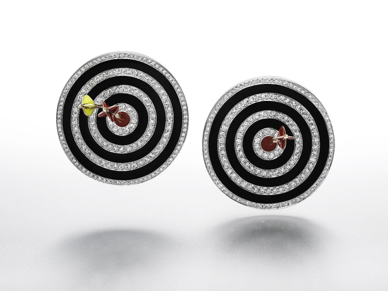 Hit the bullseye earrings in enamel, white gold, rose gold and silver set with: 388 Diamonds 4.08 cts