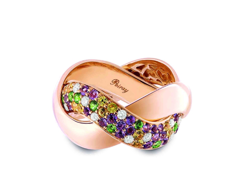 Red Gold with diamonds, green tsavorites, violet amethystes and yellow sapphire stones: ~ 4'590 Euros