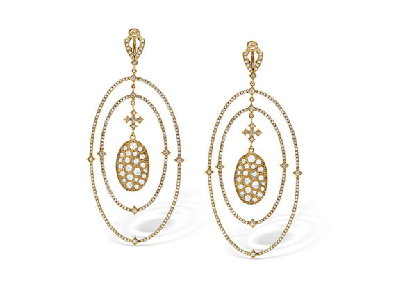 Loree Rodkin Oval Chandelier earrings mounted on yellow gold with white diamonds