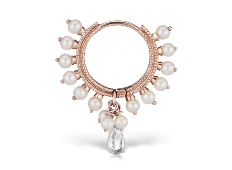 Maria Tash Pearl coronet ring (earlob) mounted on rose gold with diamond briolette