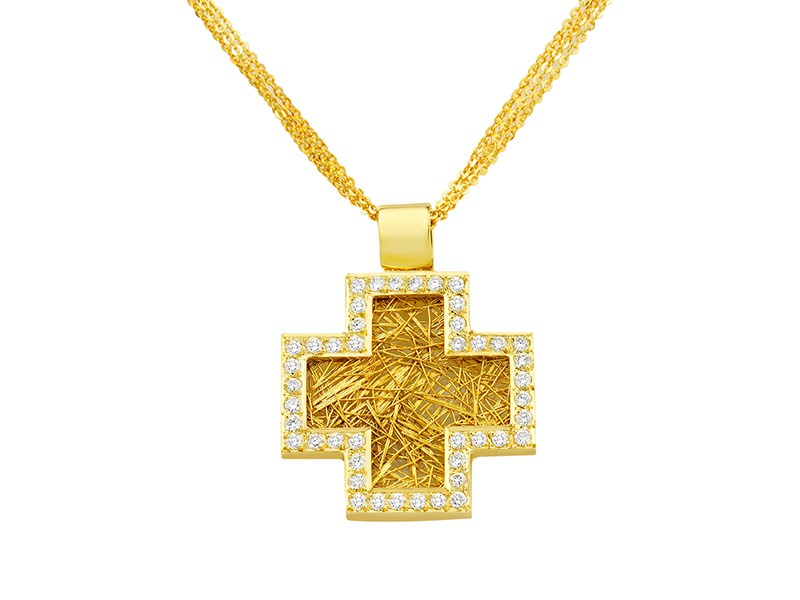 Anastazio Kotsopoulos DEEP FAITH Cross pendant set as an ancient symbol representing the balance between the elements earth, water, wind and fire.Made with 18cts yellow gold adorned with 44 brilliant round diamonds (0.81ct.)