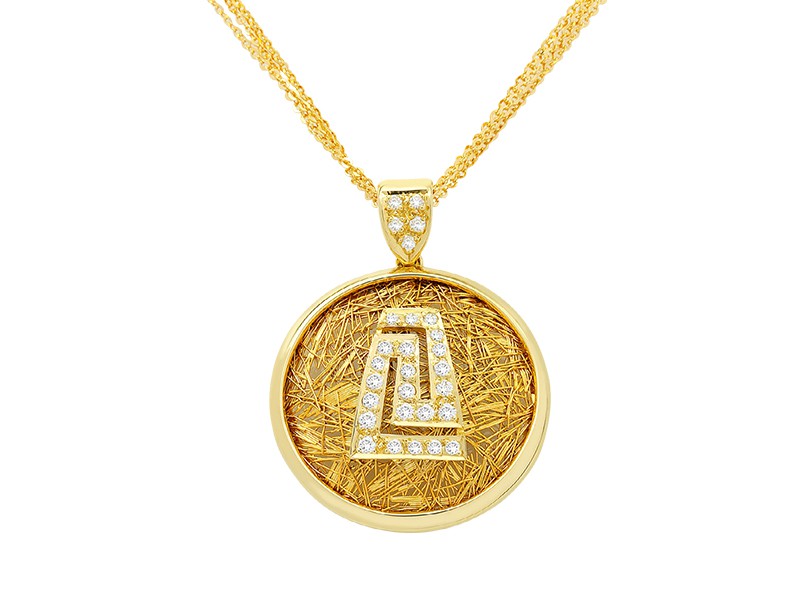 Anastazio Kotsopoulos MEANDER Pendant is the oldest Greek symbol. The Meander symbolises victory and unity, infinity and eternal life as well as our journey in this world. Twenty-two brilliant round diamonds (0.42ct) create the most known Greek symbol in the middle of a perfect cycle of yellow gold