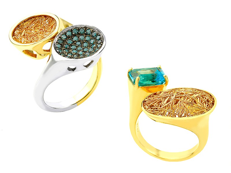 Anastazio Kotsopoulos Toi et Moi Rings ... SUN in MOONLIGHT (left) is set with white gold representing the Moon. Its craters are brought to life with the blue brilliant round diamonds of 0.59ct. EMPRESS (right) A blue topaz of 3ct dominates one side of the ring crafted in 18K yellow gold.
