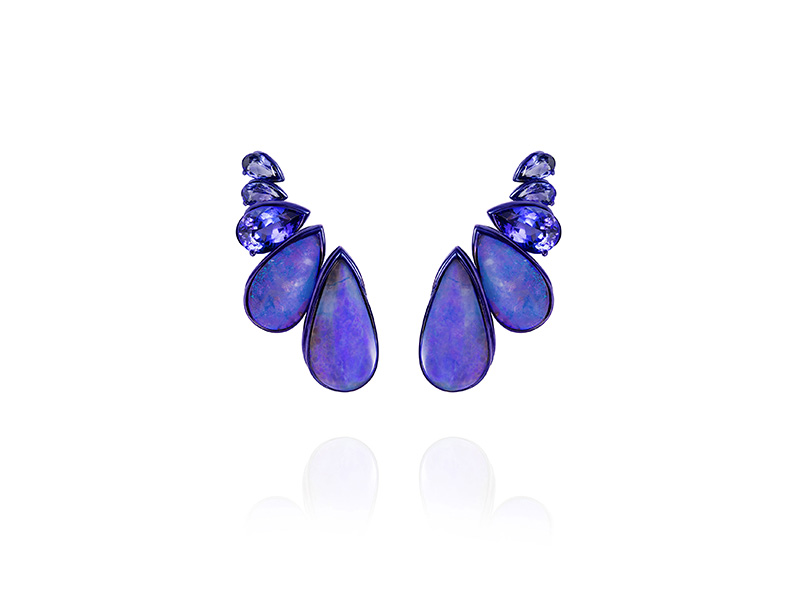 Fernando Jorge Arara earrings mounted on blue rhodium plated 18k with boulder opal, tanzanite and diamonds