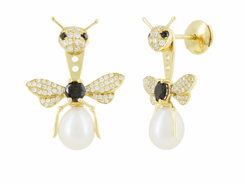 Yvonne Leon Bee earrings mounted on yellow gold with black and white diamonds