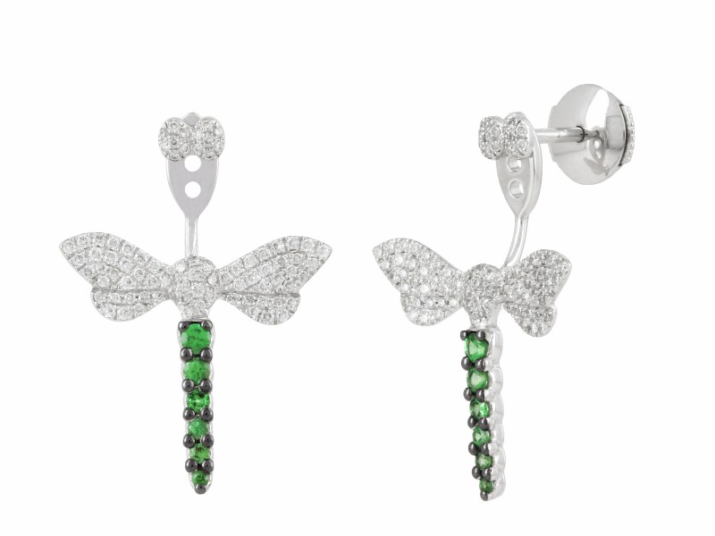 Yvonne Leon Libellule earrings mounted on white gold with white diamonds and tsavorites