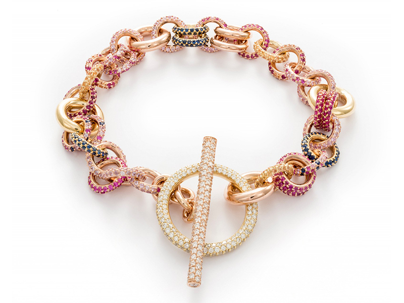 Spinelli Kilcollin Atlantis Royal bracelet mounted on gold with pavé-set sapphire and ruby chain links with white diamonds toggle