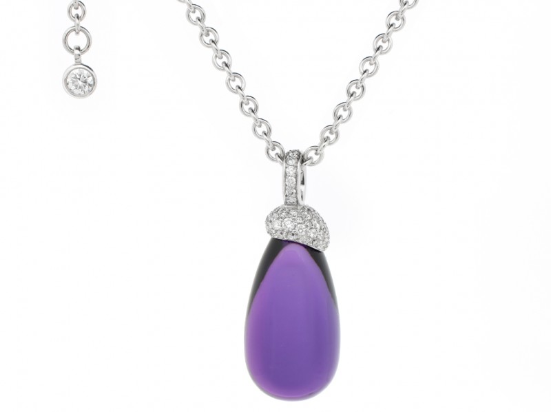 BenGems Necklace mounted on white gold with on drop amethyst and 70 diamonds