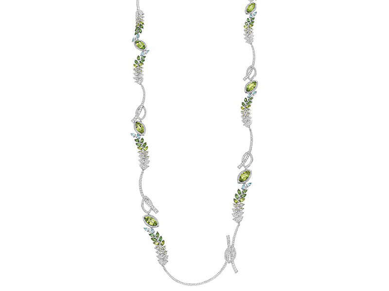 Chanel The Brin de Printemps necklace set on white gold has 20 marquise-cut peridots for a total weight of 18.3 carats, 14 pear-cut aquamarines for a total weight of 2.5 carats, 21 marquise-cut green tourmalines for a total weight of 5.1 carats, 7 pear-cut green tourmalines for a total weight of 1.4 carat and 795 brilliant-cut diamonds for a total weight of 9.8 carats.