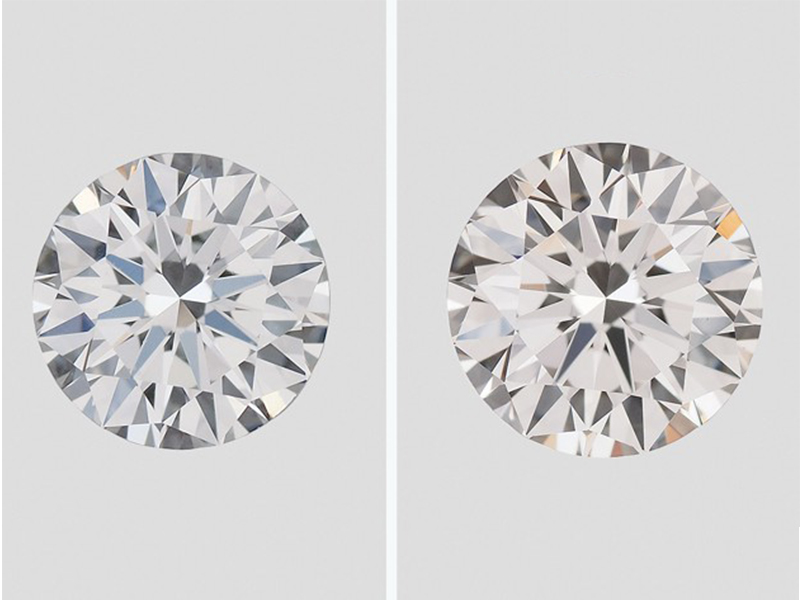 GIA CVD synthetic diamonds produced by Gemesis. The 0.39 ct. round brilliant on the left was graded F color and VVS2 clarity; the 0.83 ct. sample on the right was graded J color and VVS2 clarity.