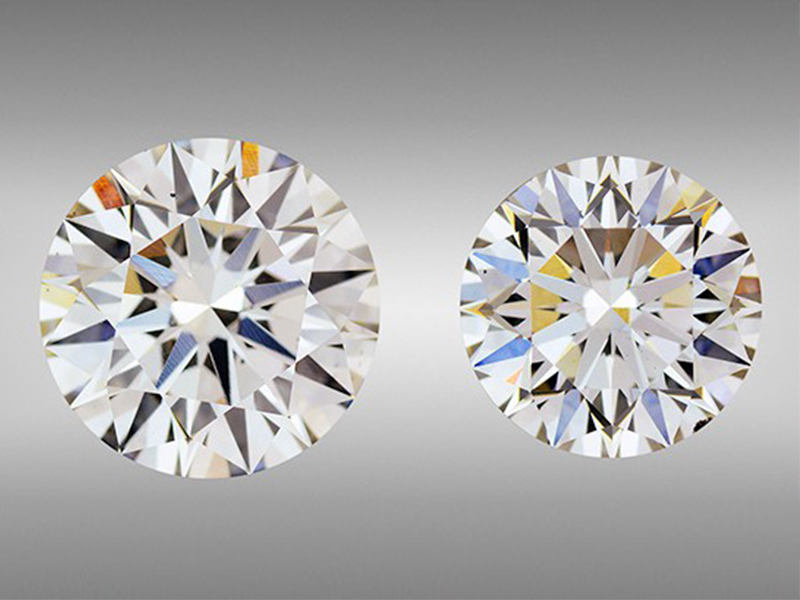 GIA The I-color 3.23 ct round on the left (9.59–9.61 × 5.83 mm) and H-color 2.51 ct round on the right (8.54–8.56 × 5.43 mm) are the largest CVD synthetic diamonds GIA has tested.