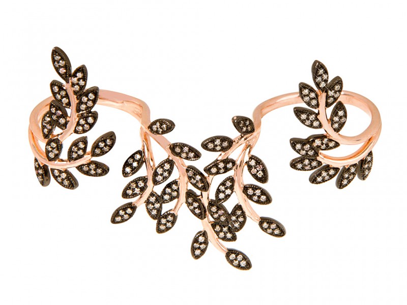 Joelle Jewelry Double feuillage three fingers ring mounted on rose gold and plated silver with brown diamonds