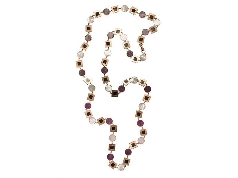 Maurizio Pintaldi Sautoir mounted on brushed rose gold with rough ruby, mother of pearl and black onyx