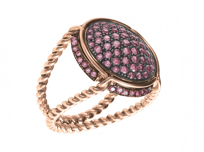 Virginie Carpentier Champagne ring mounted on rose gold with rhodolites