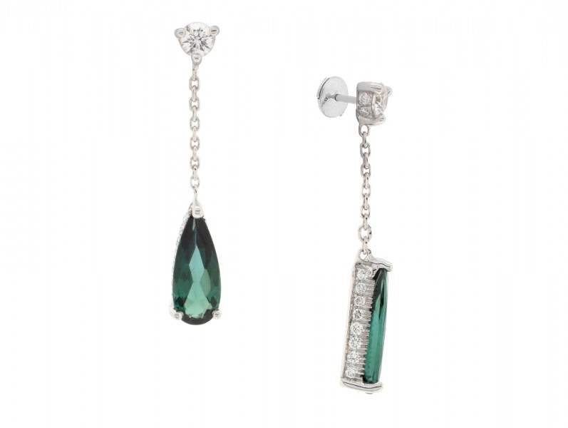 BenGems Earrings mounted on white gold set with 2 pear tourmaline and 50 diamonds