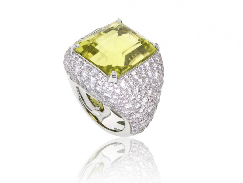 BenGems Ring mounted on white gold set with one yellow quartz and 329 diamonds