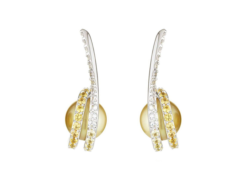 Melanie Georgacopoulos From Twist collection - Twist earrings mounted on 18ct white gold set with ascending white and yellow sapphires and 11mm golden sea pearls