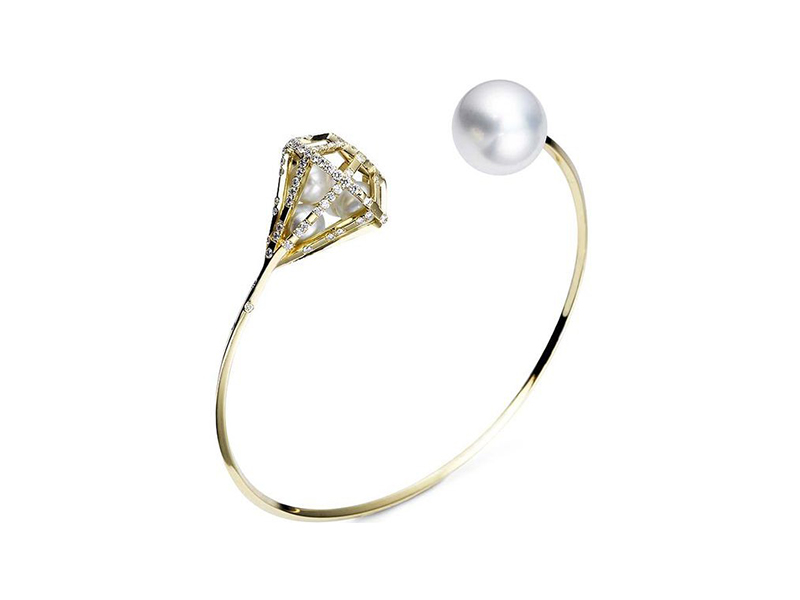 Melanie Georgacopoulos From Couture collection - Couture Diamond Bangle mounted on 18ct yellow gold with white diamonds, white fresh water pearls and 12mm south sea pearl