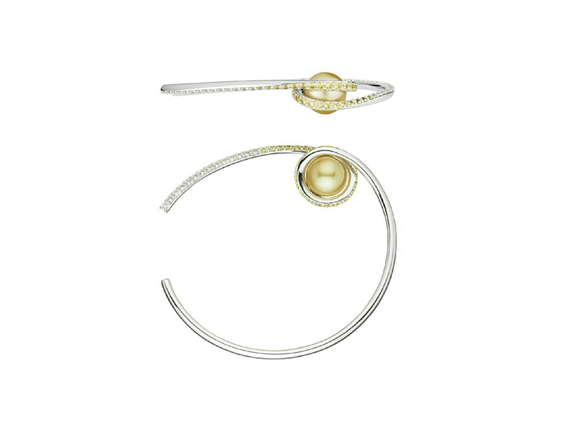 Melanie Georgacopoulos From Twist collection - Twist bangle mounted on 18ct white gold set with ascending white and yellow sapphires & 11mm yellow golden sea pearl