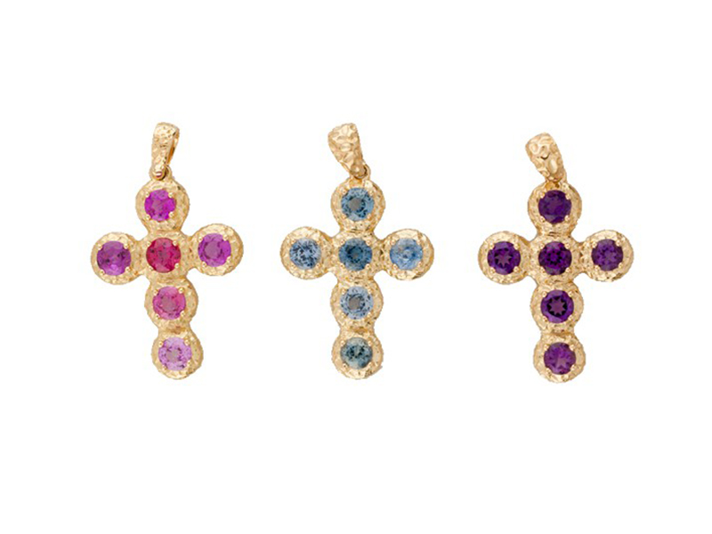 Aude Lechère Pendentif Croix - on yellow gold with pink or blue sapphires or purple amethysts - CHF 1935.-