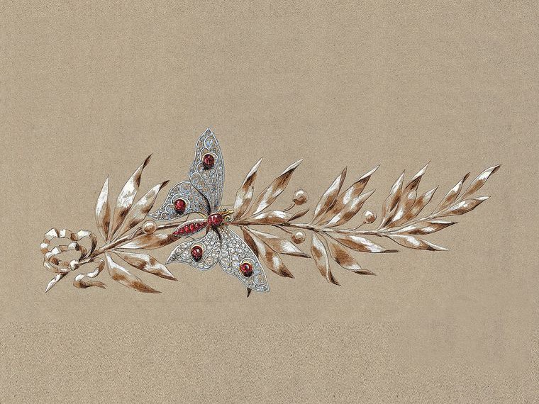 Preparatory sketch of a butterfly and laurel branch stomacher brooch from Chaumet.