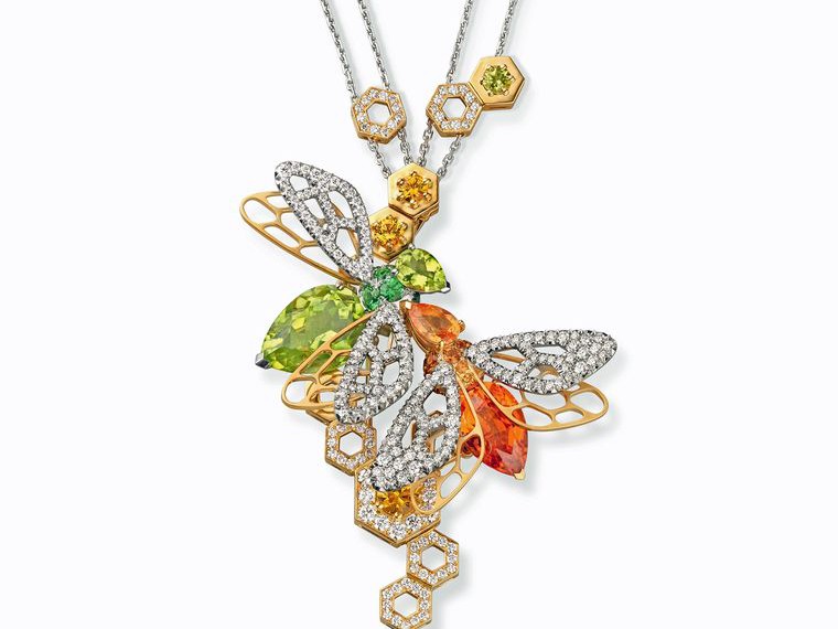 Chaumet Abeille mandarin garnet and peridot necklace, on display at the Maison's Promenade Bucolique exhibition in Paris, which offers visitors the chance to see a selection of Chaumet jewellery dating from the Romantic period through to the 1980s.