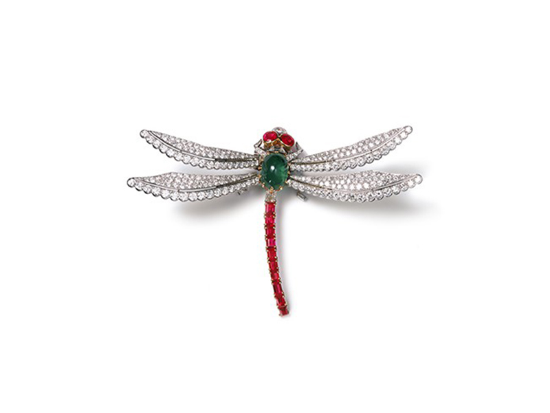 Dragonfly clip brooch dating from 1953 from the Cartier Collection, set with diamonds, emeralds and rubies.