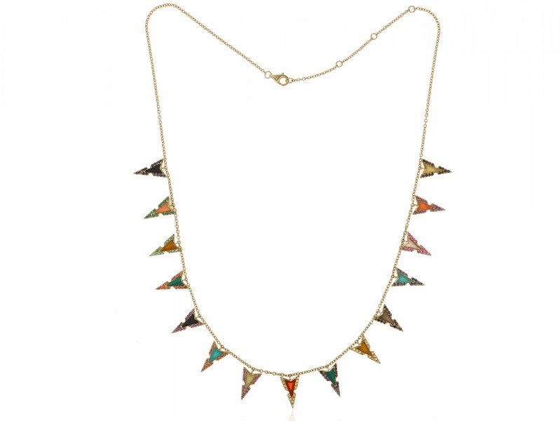 Elise Dray Jade Necklace set with a multi-colored stones like a tie & dye of hues mounted on yellow gold.