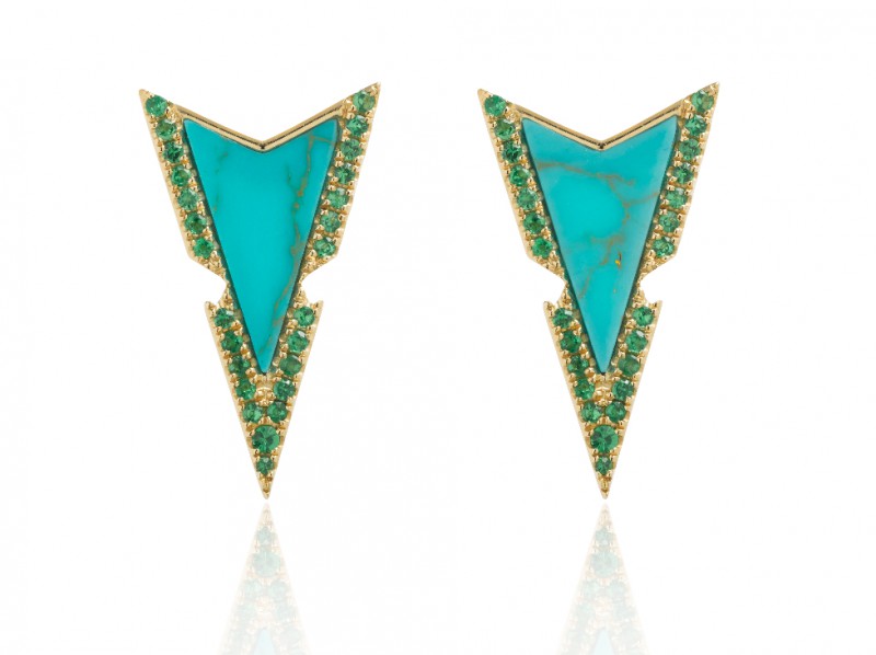 Elise Dray Earrings set with green tsavorites and turquoise arrows