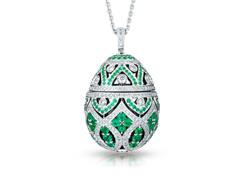 Fabergé Zenya emerald egg pendant mounted on white gold is available at the Pop Up