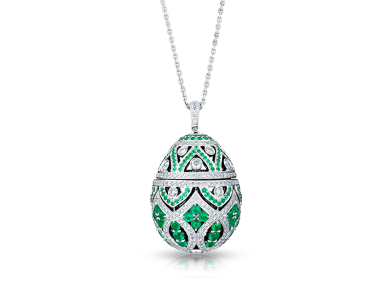Fabergé Imperial Collection -Zenya emerald egg pendant mounted on white gold with round emeralds and round white diamonds